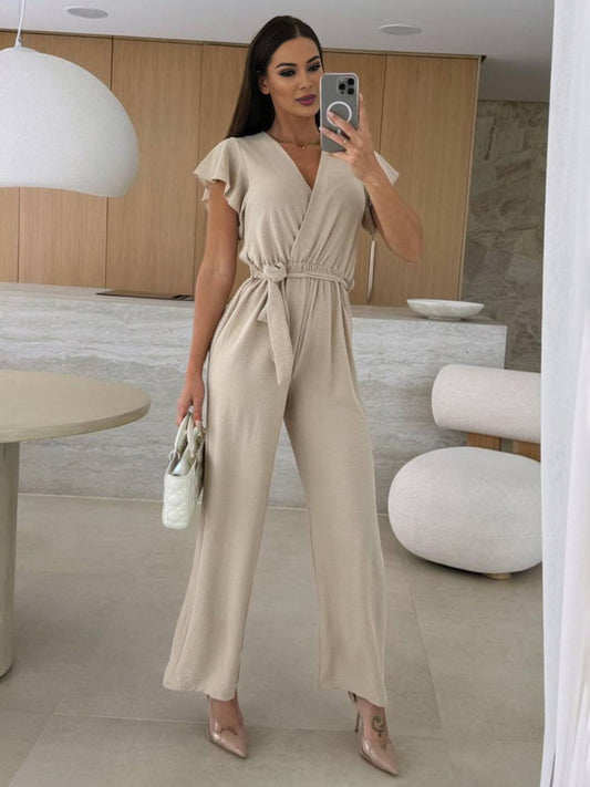 wide leg jumpsuits flared solid color v-neck belt layered ruffles casual woman | FORCE