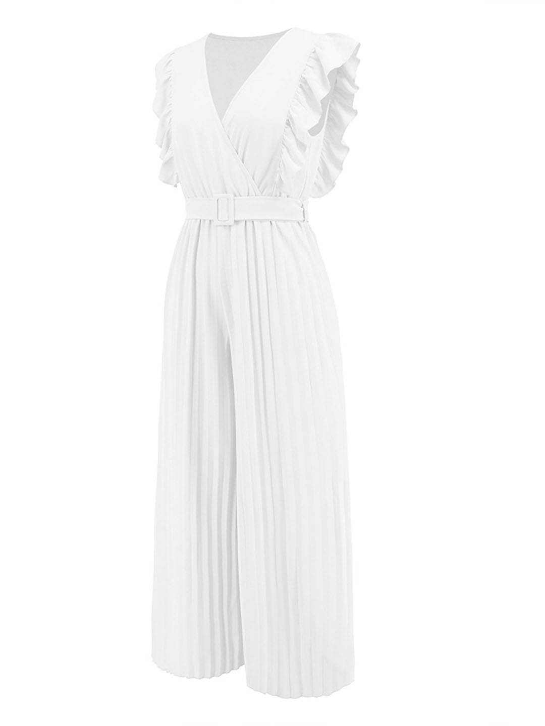 wide leg jumpsuits flared v-neck with ruffle pleated belt sleeveless women elegant bohemian casual | FORCE