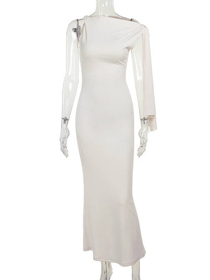 long tight-fitting solid color one-shoulder sleeveless elegant evening dress for women | Force