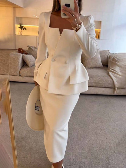 square collar set buttons pockets long sleeves blazer with skirt women elegant casual two-piece office | Force