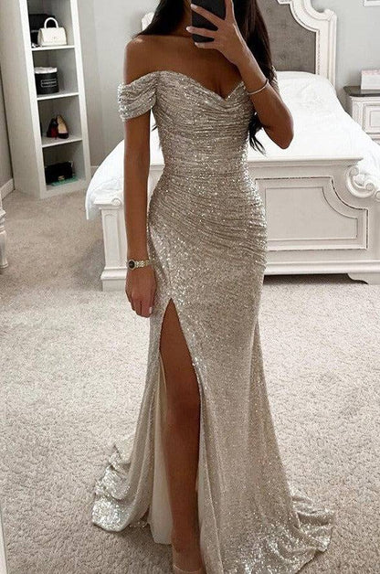 long strapless shiny sequin slit side mermaid boat neck sleeveless elegant evening ceremony dress | Force