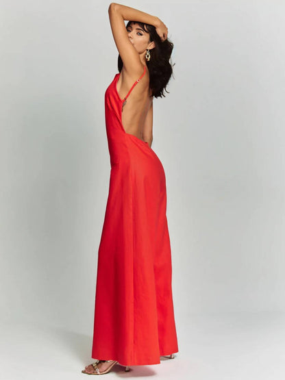 wide leg jumpsuits flared linen backless with thin straps sleeveless elegant casual vacation style for women | Force