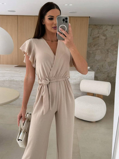 wide leg jumpsuits flared solid color v-neck belt layered ruffles casual woman | FORCE