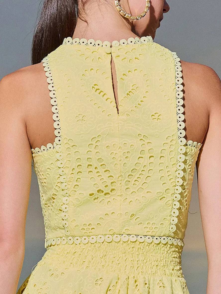 embroidered eyelet dress pockets sleeveless trapeze tops fluid skirt woman elegant casual set | Force