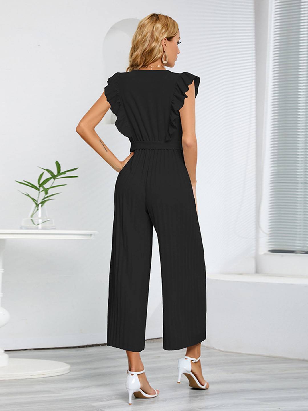 wide leg jumpsuits flared v-neck with ruffle pleated belt sleeveless women elegant bohemian casual | FORCE