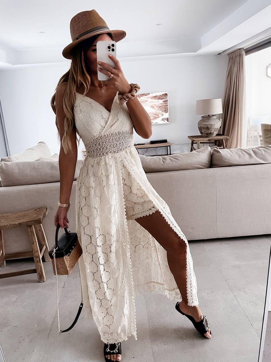 lace embroidered eyelet jumpsuits v-neck split with thin straps elegant bohemian woman | FORCE