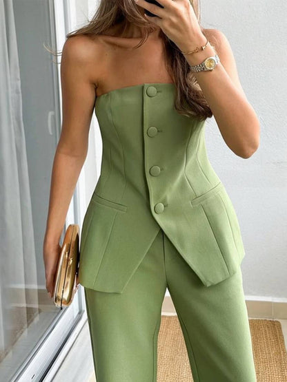 sets with solid color pants buttoned bustier elegant women's suit style outfit wedding guest | Force