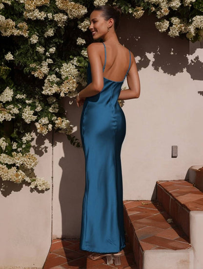 satin fitted backless bridesmaid dress with thin straps elegant evening woman wedding guest | Force