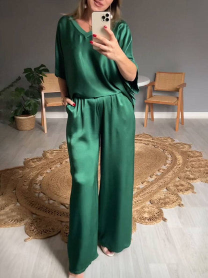 sets with pants v-neck pockets batwing sleeves short sleeves women elegant casual loose two-piece | Force