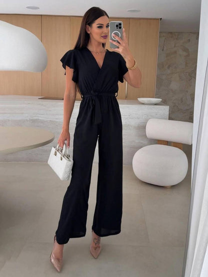 wide leg jumpsuits flared solid color v-neck belt layered ruffles casual woman | FORCE