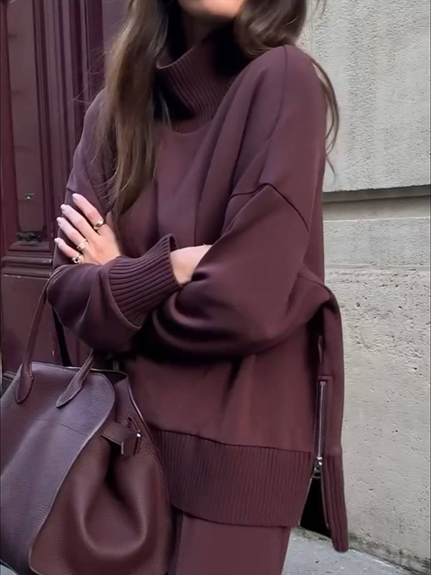 sets with solid color pants turtleneck high collar long sleeves women elegant sporty casual loose | Force