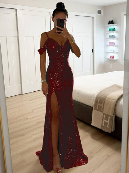 long shiny sequin v-neck dress side slit split shoulders sleeveless elegant evening ceremony woman | Force