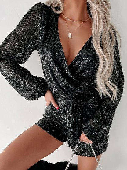 short jumpsuit shiny sequin belt v-neck long sleeves women elegant casual ceremony playsuit | Force