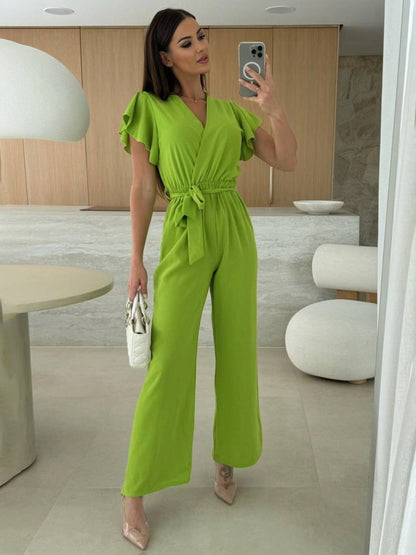 wide leg jumpsuits flared solid color v-neck belt layered ruffles casual woman | FORCE