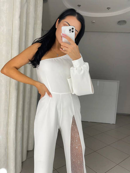 flare wide-leg jumpsuits one-shoulder side slit long sleeves women casual elegant relaxed ceremony | Force