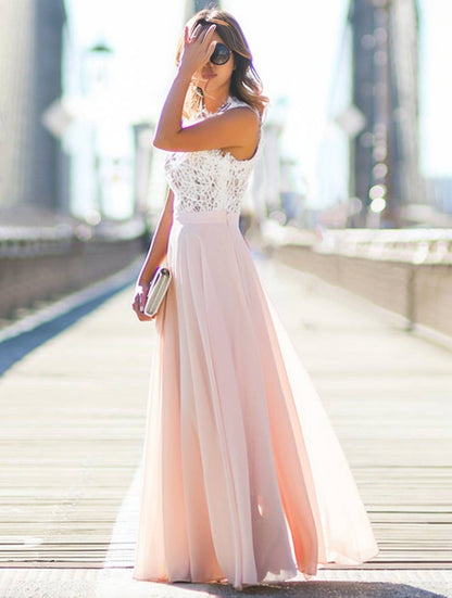 long bridesmaid dress lace chiffon flowing round neck sleeveless elegant pink and white | Force