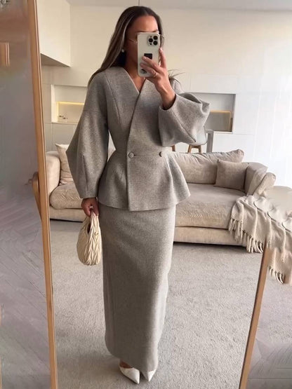 suit sets with skirt v-neck buttons puff sleeves long sleeves jacket woman elegant vintage two pieces | Force
