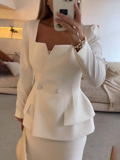 square collar set buttons pockets long sleeves blazer with skirt women elegant casual two-piece office | Force