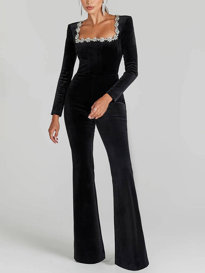 flare wide velvet jumpsuits square collar long sleeves slim fitness women elegant casual ceremony | Force