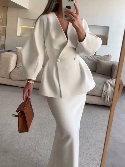 suit sets with skirt v-neck buttons puff sleeves long sleeves jacket woman elegant vintage two pieces | Force